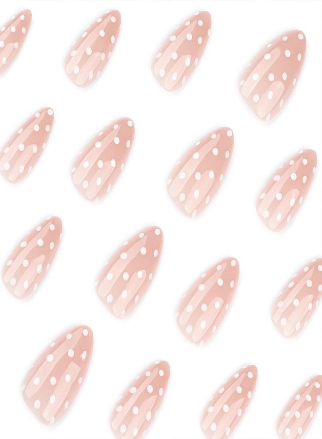 OSTTMA 24Pcs Polka Dot Press on Nails Medium Almond Fake Nail Glossy Nude False Nails Press ons with White Dots Designs Full Cover Glue on Nail for Women Manicure Tips Reusable Artificial Nails Kit - Image 3